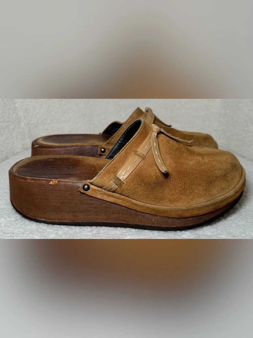 Vintage J.Crew Italian Suede Wooden Platform Clog Mules Boho Cottagecore 70’s 7